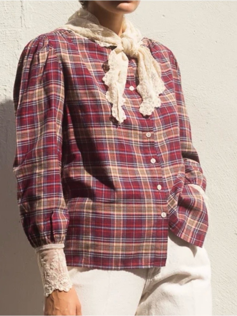 Vintage 80’s Ralph Lauren Plaid Flannel Button Front
Lace Trim Scarf Cuffs - Picture 7 of 16